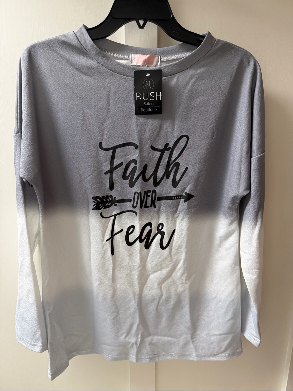RUSH Salon Boutique "Faith Over Fear" Ombre Sweatshirt - Light Gray & White